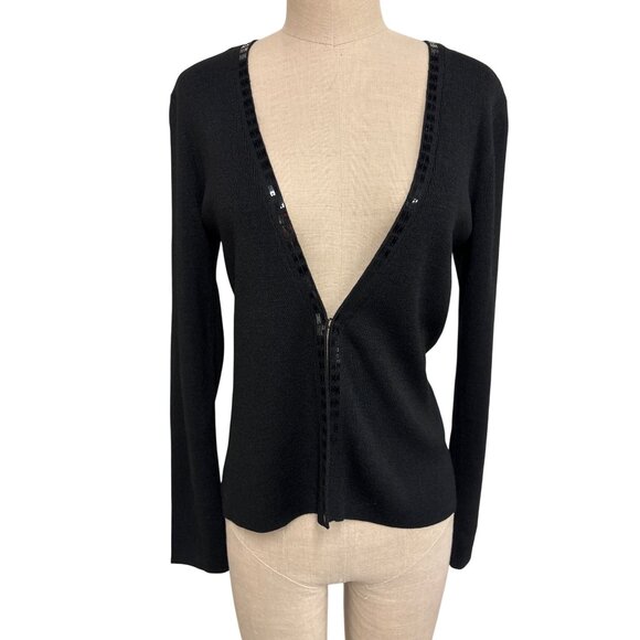 Alfani Black Silk Deep V-Neck Cardigan With Sequin Trim M - Picture 1 of 10